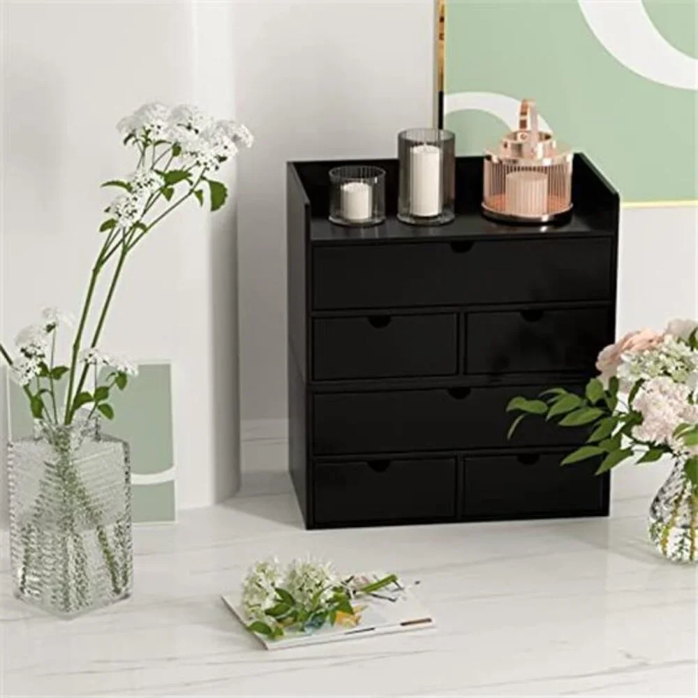 Bamboo Desk Organizer Drawer Desktop Storage Makeup Office Home Black Shelf